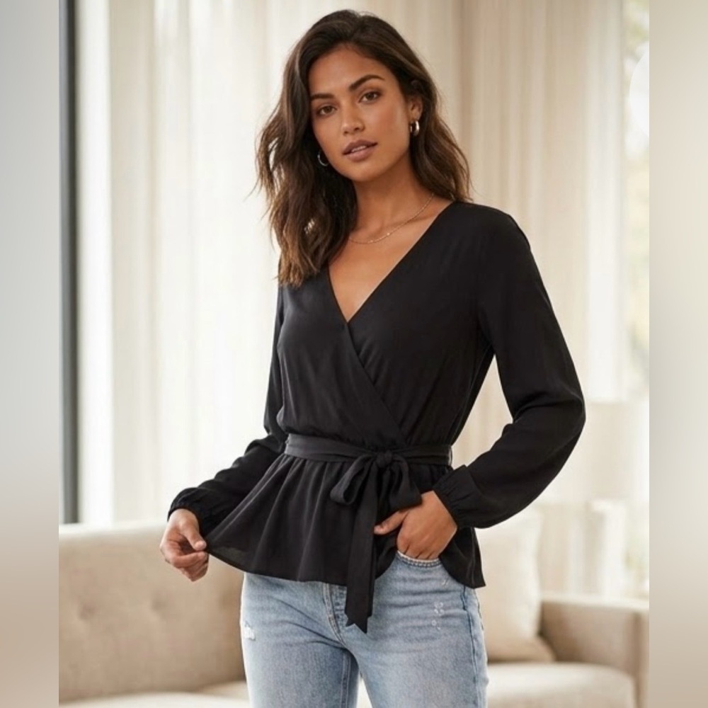 New J. Crew mercantile Black Wrap Peplum Tie Blouse size 0